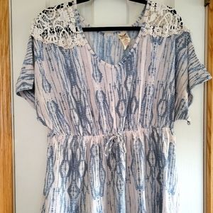 Blue & White Top w/ Lace Shoulder & Synched Waist